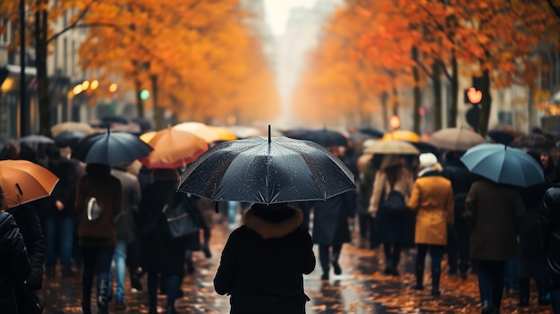 el flujo de personas con paraguas en una calle peatonal clima otoñal en la ciudad