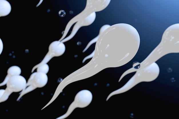El flujo de primer plano de esperma sobre fondo oscuro. Ilustración de procesamiento 3D. Fondo de ciencia