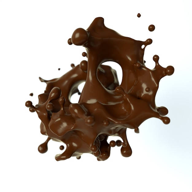 Flujo de salsa de chocolate oscuro o con leche con gotas de procesamiento 3d. Salpicaduras de líquido de postre