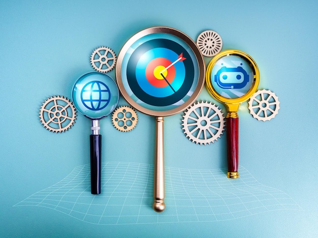 Flujo de trabajo de servicio de inteligencia artificial y solución objetivo de negocio y concepto de éxito Internet de dardos objetivo globo en línea y íconos de bot de IA en lupa conectados por engranajes fondo azul