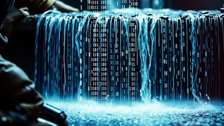 Foto flujos de código binario en cascada como una cascada que significa los datos subyacentes que impulsan la digitalización