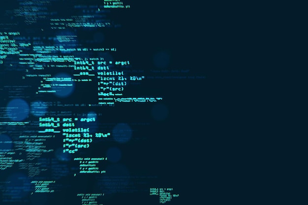 Foto flujos de código digital con símbolos de programación y datos en un fondo azul oscuro que representa el ciberespacio y la tecnología digital renderización 3d