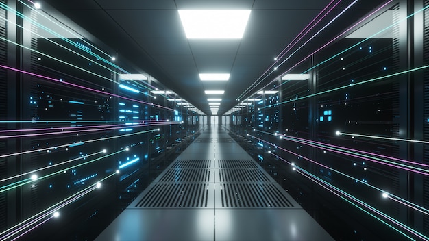 Flujos de información digital a través de la red y los servidores de datos