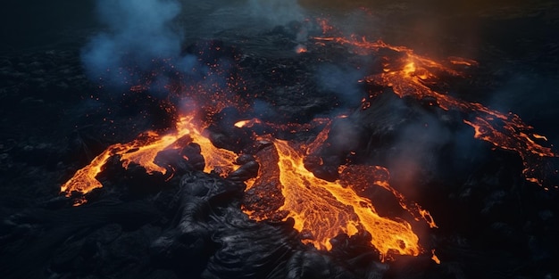 Flujos de lava en vista aérea de volcán activo IA generativa