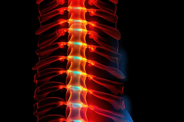 Foto fluorografía de la columna vertebral humana que visualiza el dolor con colores rojo y naranja