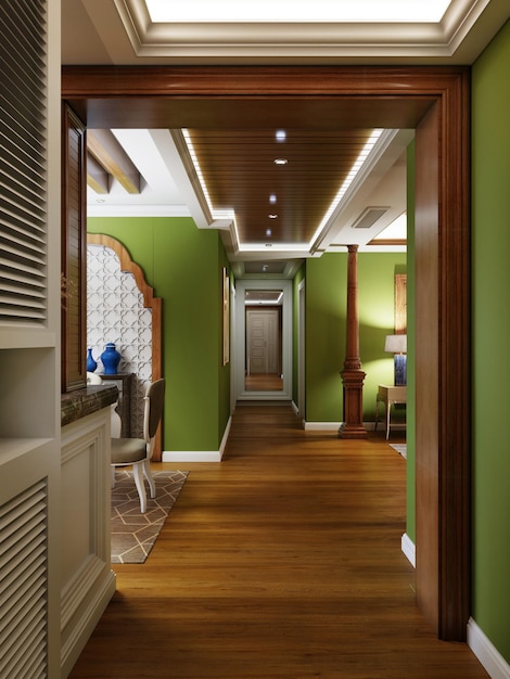Flurkorridor mit Elementen arabischen Designs und Mustern mit grünen Wänden und Holzelementen