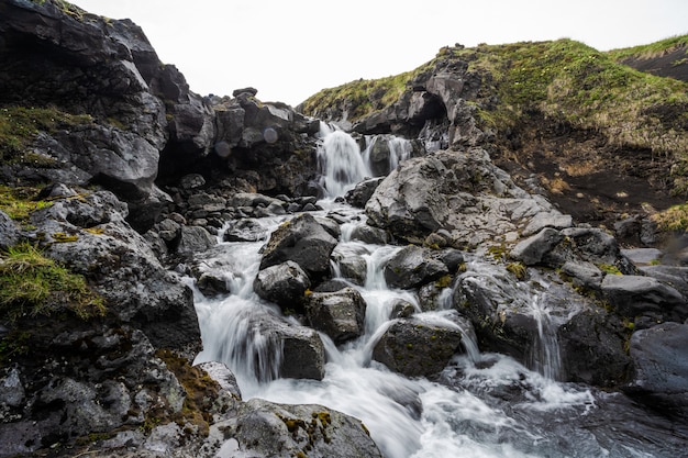 Fluss, der bunten Wald des Herbstes durchfließt. Schöner Fallfluß mit Felsen und Bäumen