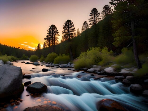 Fluss, der durch einen Kiefernwald fließt, mit Sommersonnenuntergang