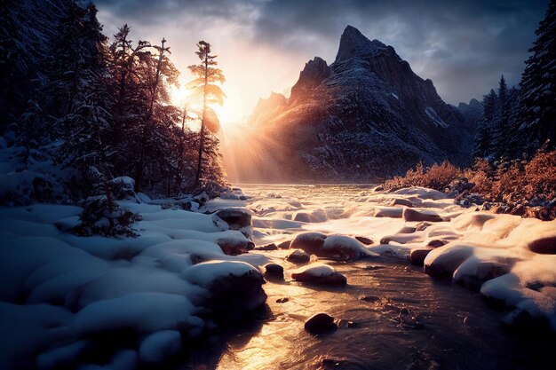 Fluss, der durch einen schneebedeckten Wald fließt, generatives ai