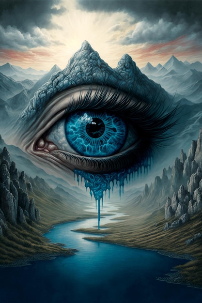 Fluss der Tränen fällt von einem augenförmigen Berg 3d illustriert