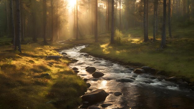 Foto fluss im wald morgensonnenschein waldnatur sommerlandschaft foto