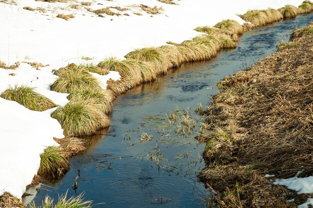 Fluss im zeitigen Frühjahr am Schneeufer. Der Schnee schmilzt mit der Ankunft von Hitze in der Nähe der Ufer des Flusses.