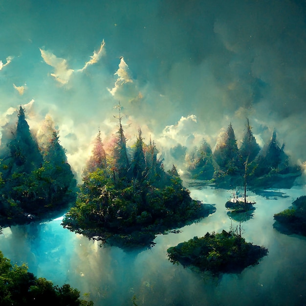 Fluss in der Wald-Bäume-Landschaft-Bäume-magische-Sommer-Wald-Illustration
