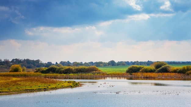 Fluss mit Bäumen am Ufer und malerischem Himmel im Herbst