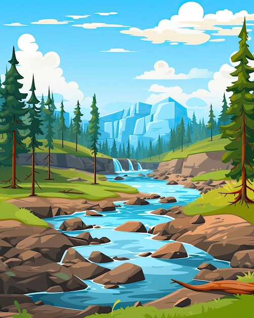 Fluss mit klarem Wasser und Felsen und Bäumen im Hintergrund. Generative KI