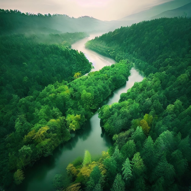 Fluss unter nebeligem üppigem tropischem Regenwald