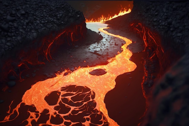 Fluss von Magma in einer Höhle voller Lava