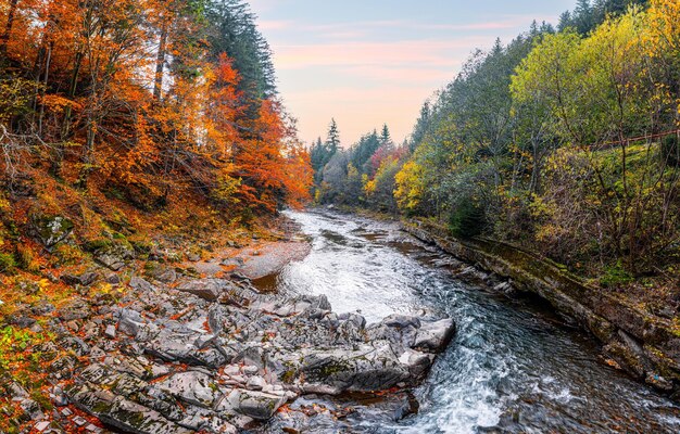 Flussbach, der hinter Bergfuß mit Herbstwald läuft