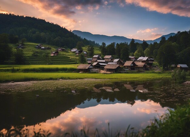 Flussblick mit Sonnenuntergang, tiefem Wald und Berg