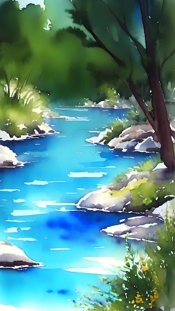 Flusslandschaft, Aquarell, Zeichnung, Cartoon, Kunstwerk