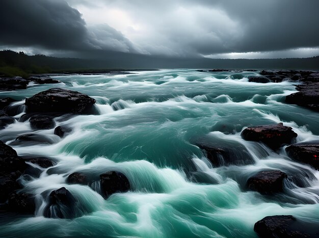 Flussregen trifft auf stürmische filmische Pantone-Palette mit volumetrischer generativer KI-Generierung