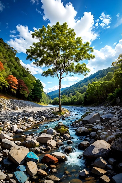 Flussstein und Baum mit Himmel und Wolke, bunter Steinfluss und Baumblatt im Wald, erzeugt durch KI