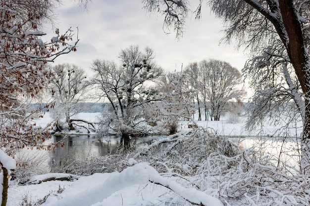 Flussufer nach einem Schneefall an einem wolkigen Wintertag. Winterlandschaft