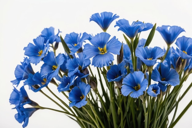 Flustige blaue Flachsblumen auf weißem Hintergrund