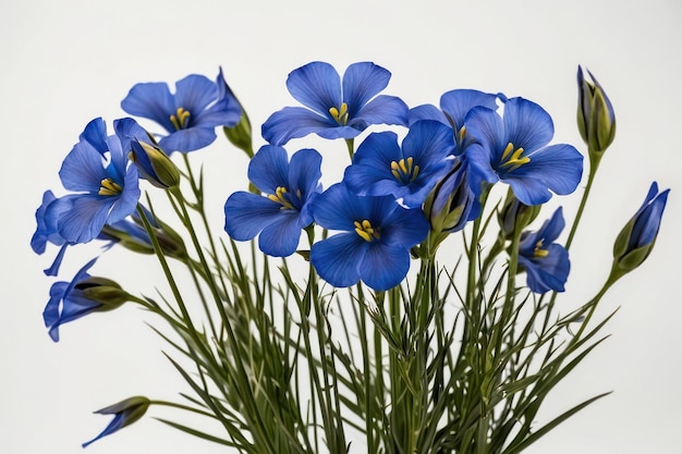 Flustige blaue Flachsblumen auf weißem Hintergrund