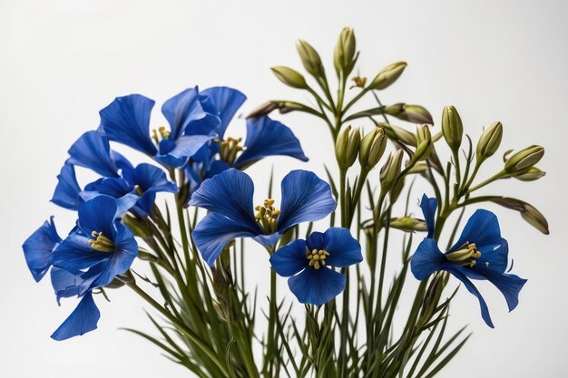 Flustige blaue Flachsblumen auf weißem Hintergrund