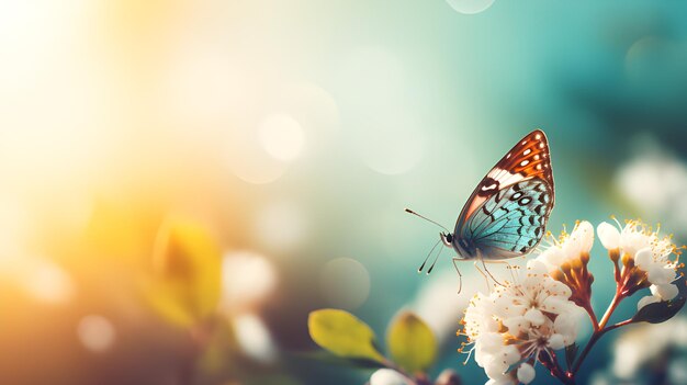 Foto flutterende schönheiten abstrakte natur frühlingshintergrund mit zarten blumen und anmutigen schmetterlingen