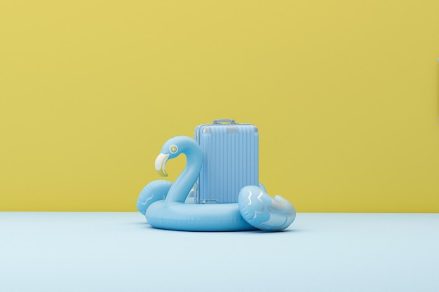 Flutuador de flamingo com bagagem colocada em fundo amarelo e azul pastel. renderização 3D. Verão e viagens