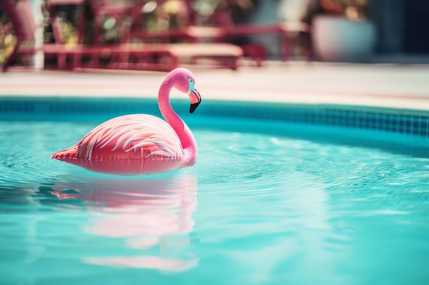 Flutuador de piscina de flamingo rosa flutuando em uma refrescante piscina azul no resort tropical Ilustração generativa de IA