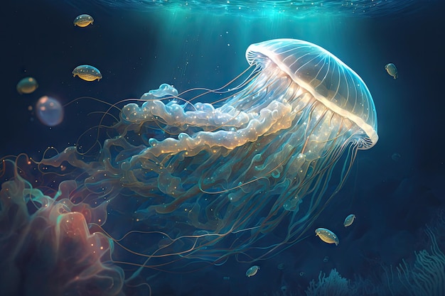 Flutuando na água estranhas criaturas marinhas fantásticas águas-vivas no espaço