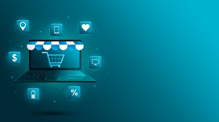 Foto flutuante 3d laptop com viseira de loja e ícones de produtos e carrinho na tela.