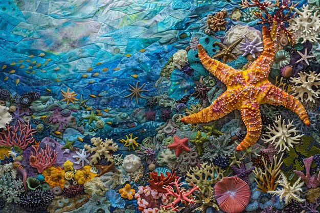 Foto flutuar através das tapeçarias de coral onde estrela-do-mar generativa ai