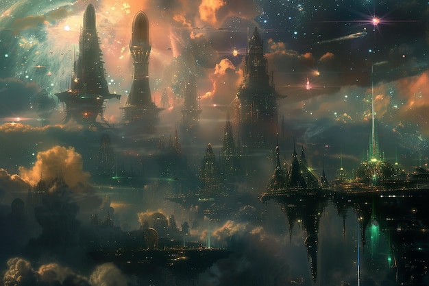 Flutuar dentro da Nebulosa Nexus uma cidade nas nuvens generativa ai