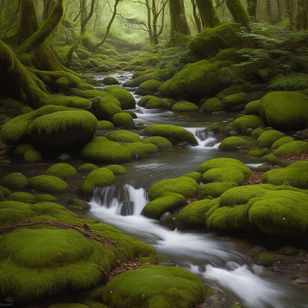 Fluxo de água através da floresta HD Ai generative 8K papel de parede Banco de Imagem Fotográfica