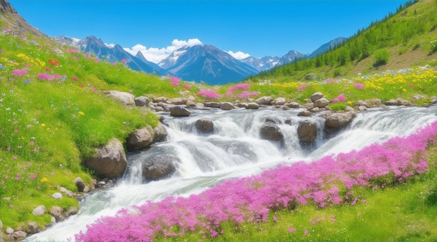 Fluxo de água cercado por montanhas e flores em um dia ensolarado por Generative AI
