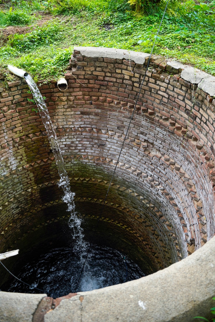Foto fluxo de água de irrigação de tubo para canal para campos agrícolas