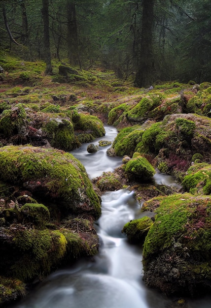 Fluxo de água entre rochas cobertas de musgo na floresta