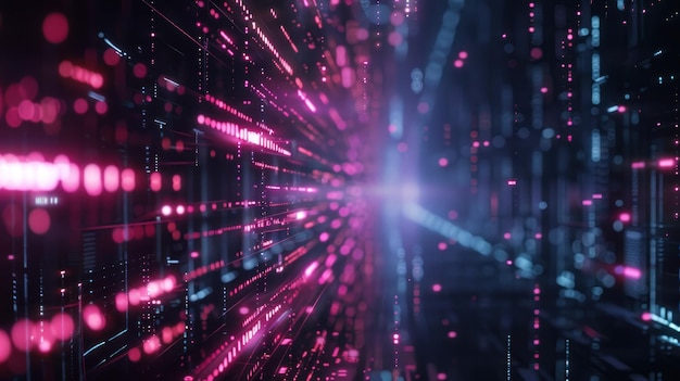Fluxo de dados de alta velocidade em túnel virtual Luzes rosas e azuis vívidas ilustram uma transmissão de dados de grande velocidade em um túnel virtual, simbolizando tecnologia de rede avançada