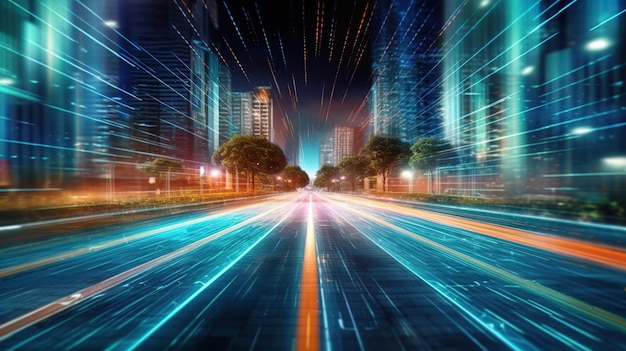 Fluxo de dados digitais na estrada com desfocamento de movimento para criar visão de transferência de velocidade rápida