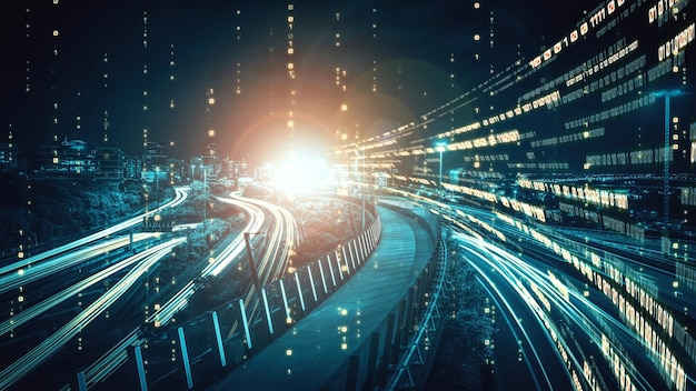Fluxo de dados digitais na estrada no conceito de comunicação global cibernética e codificação com visão de criação gráfica de transferência de velocidade rápida para mostrar inovação disruptiva de transformação digital ágil