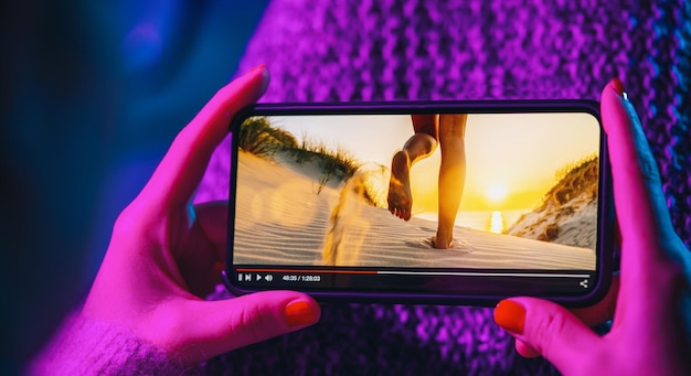 Fluxo de filme online com smartphone Mulher assistindo filme no celular com serviço de player de vídeo imaginário