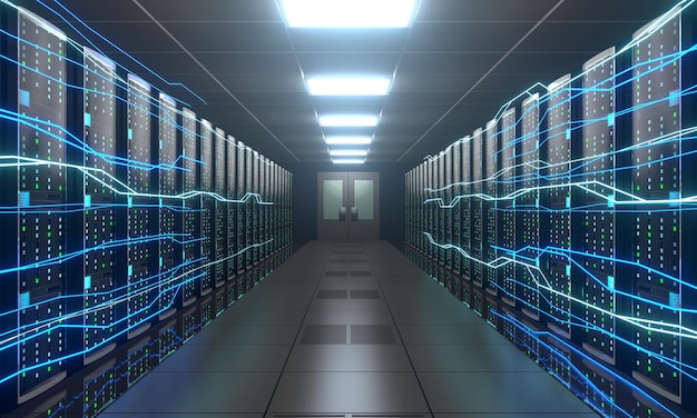 Fluxo de informações digitais através do data center com muitos racks de computador