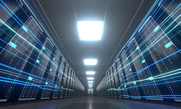 Fluxo de informações digitais através do data center com muitos racks de computador