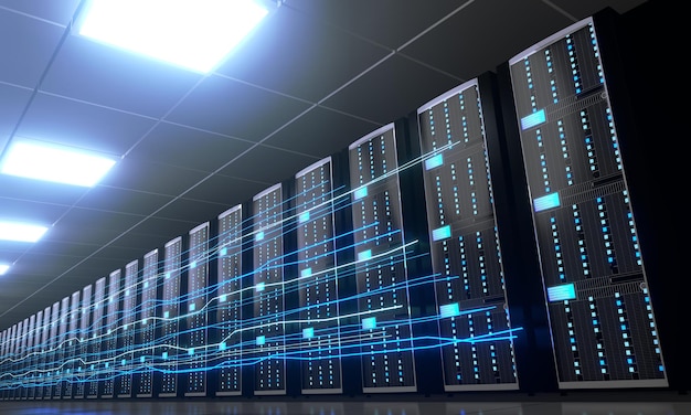 Fluxo de informações digitais através do data center com muitos racks de computador