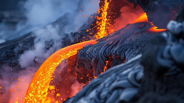 Fluxo de lava ardente erupção vulcânica de perto