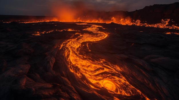 Foto fluxo de lava no meio do oceano